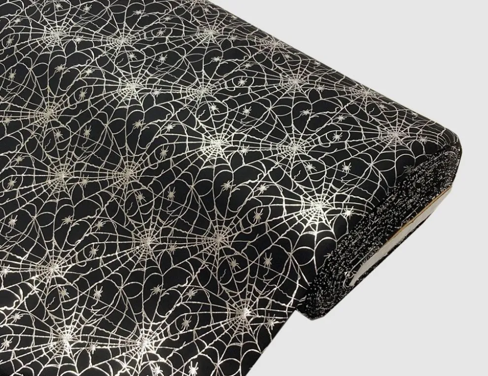 Jerseystoff Spinnweben Schwarz, Silber