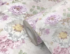 Papiertapete Blumen Aquarell Rosé, Creme