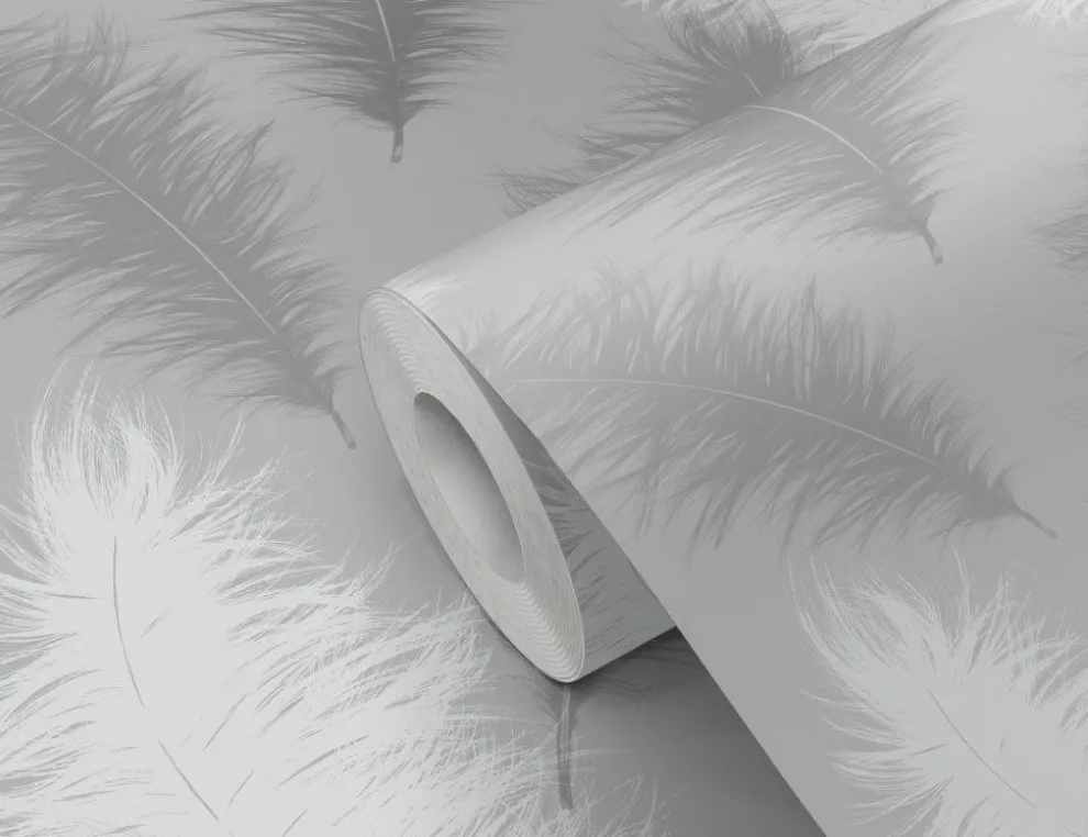 Papiertapete Federn Sanft Grau, Weiß
