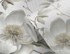 Papiertapete Große Blüten Beige, Grau