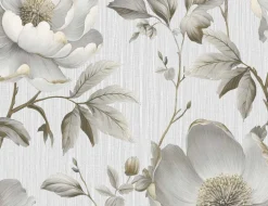 Papiertapete Große Blüten Beige, Grau
