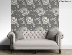 Papiertapete Große Blüten Beige, Anthrazit