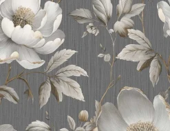 Papiertapete Große Blüten Beige, Anthrazit