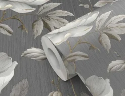 Papiertapete Große Blüten Beige, Anthrazit