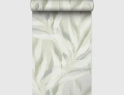 Vliestapete Blätter Aquarell Grün, Creme