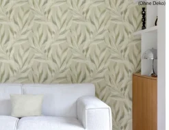 Vliestapete Blätter Aquarell Grün, Creme