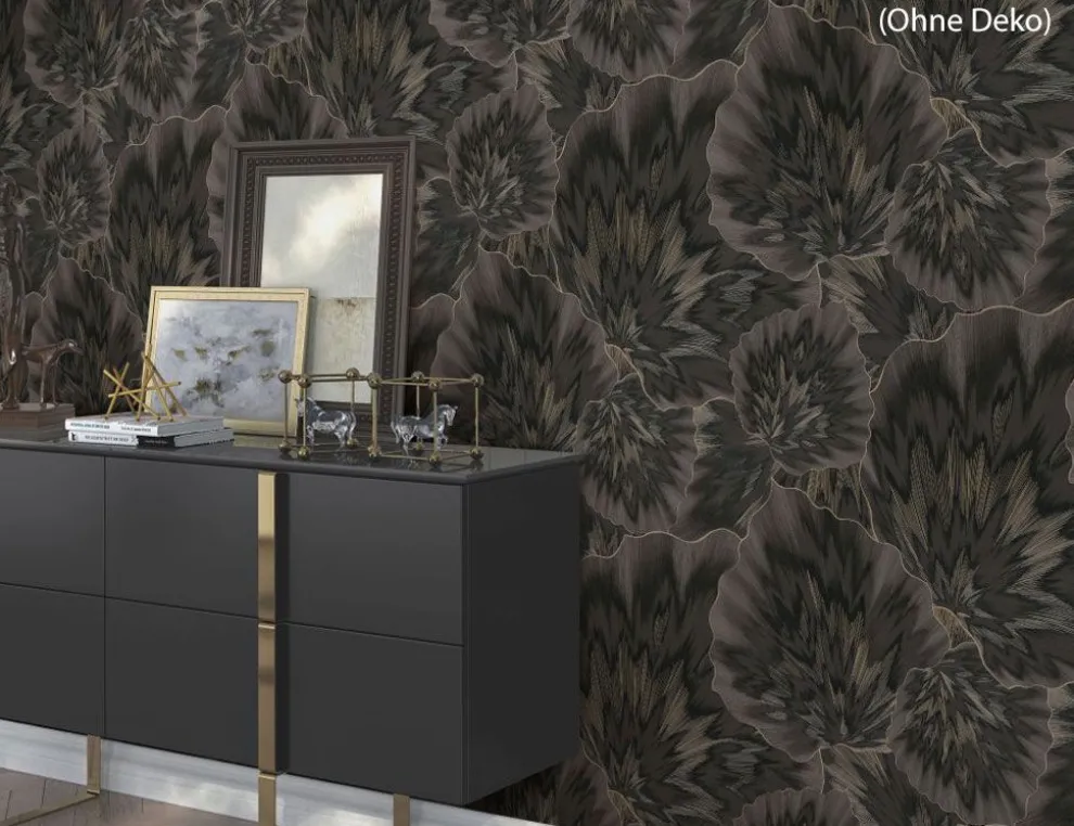 Vliestapete Blume Schwarz, Gold